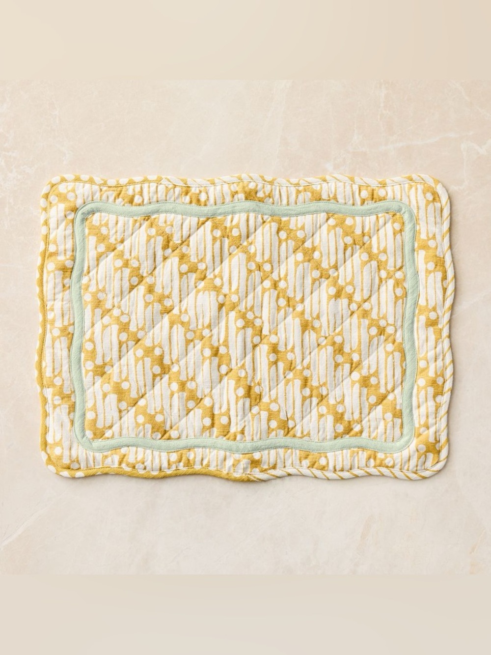 WEST ELM x RHODE 6 pc Batik Cotton Placemats Cottagecore Yellow Green Scalloped